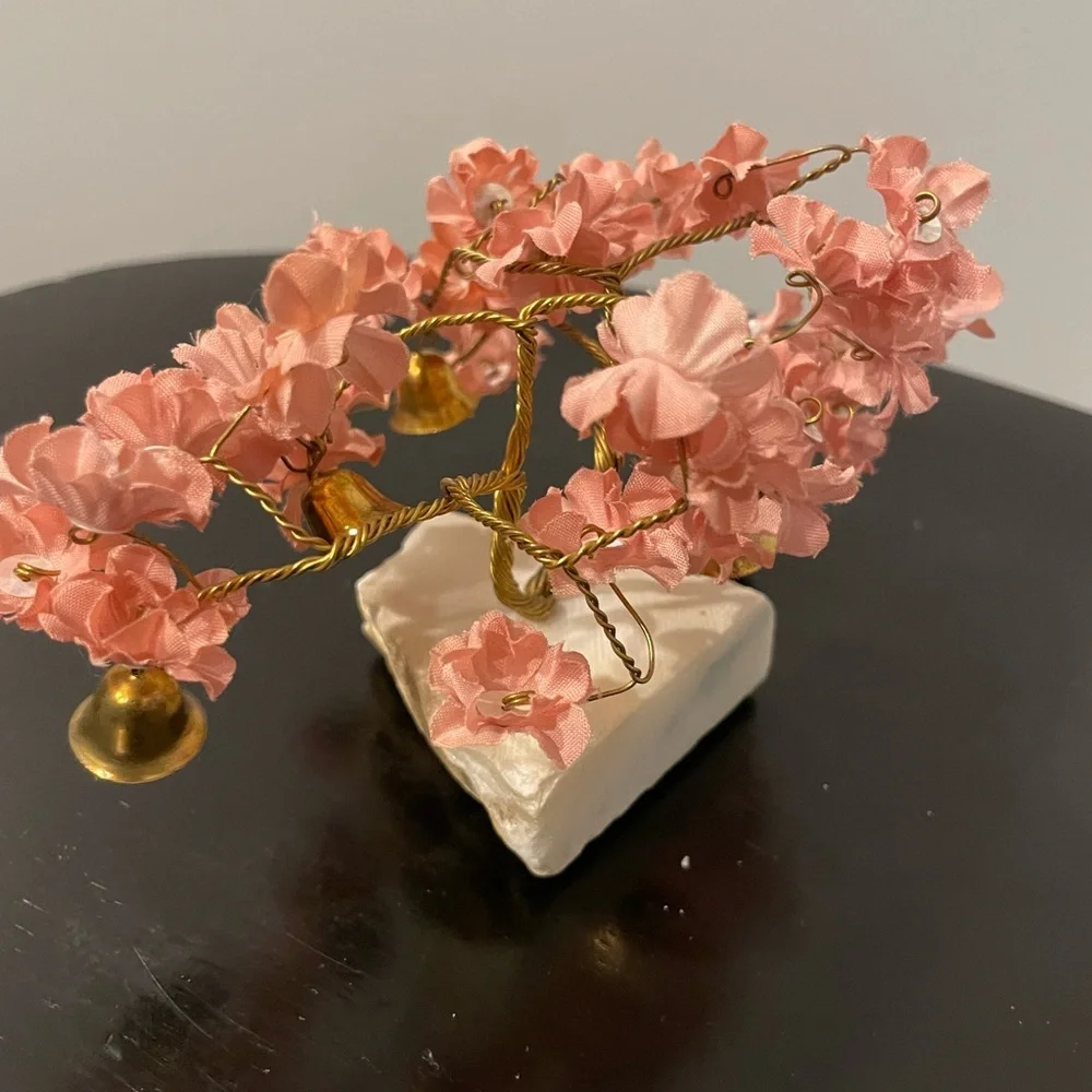 VTG Prosperity Tree Brass bells & light pink Fabric Flowers w/marble Base